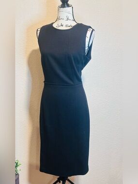 LOFT Chic Black Sleeveless Midi Sheath Dress • Banded Waist• Gold Hardware• 10